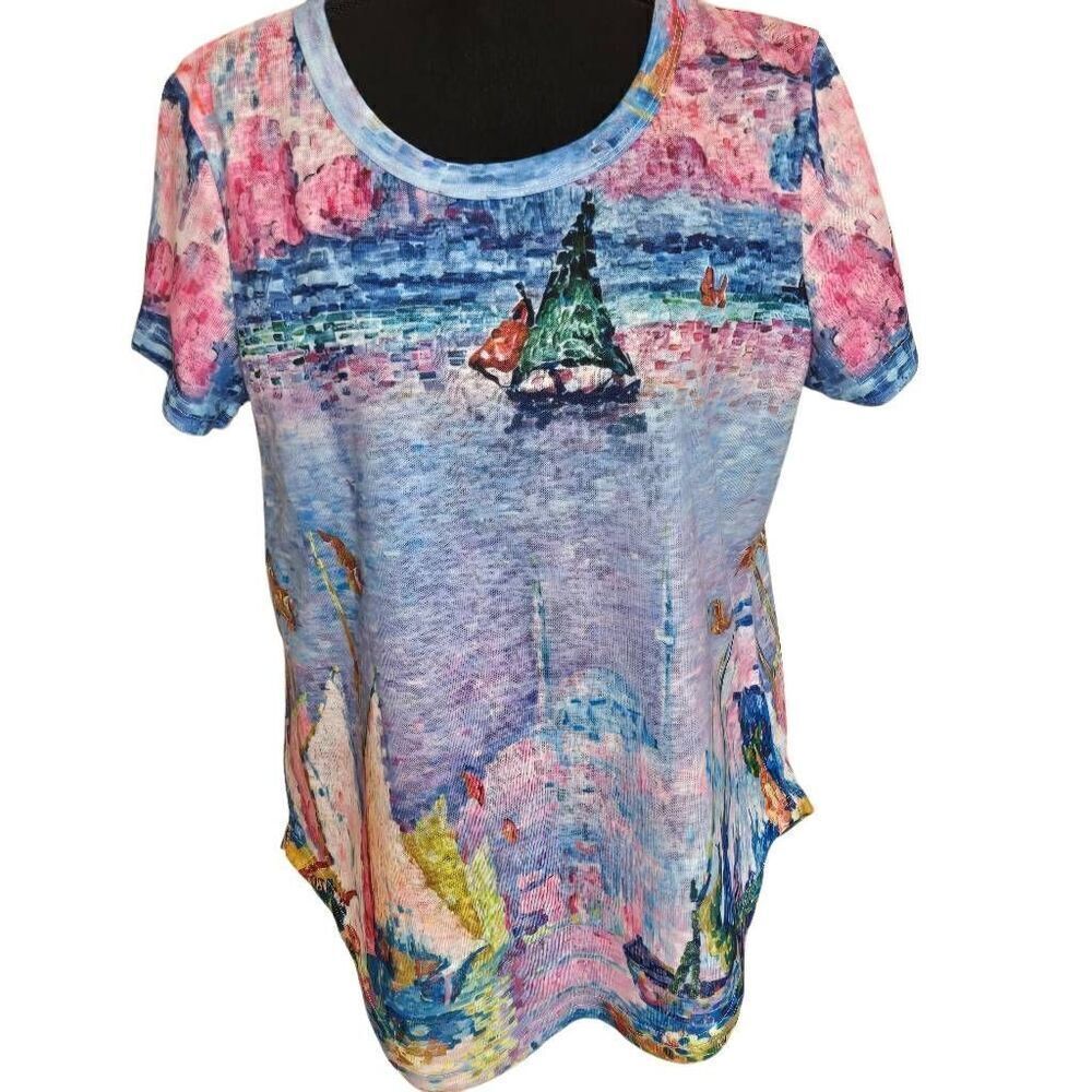 Shana Womens Sailboat Scene Slub Knit Short Sleeve Top Size Small